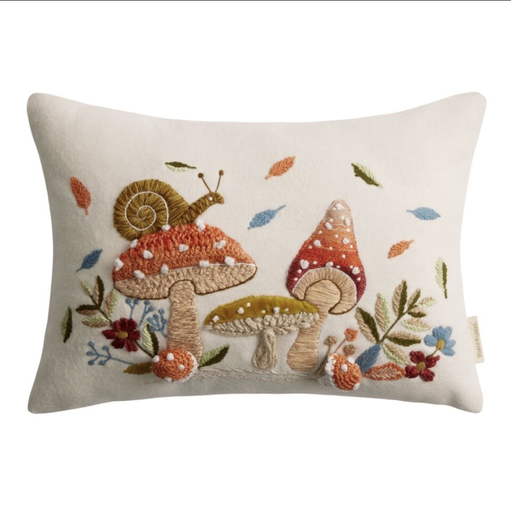 World Market Embroidered Mushroom Lumbar Pillow